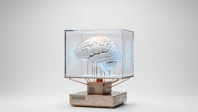 Transparent holographic brain display autonomous creativity workstation, conveying futuristic innovation, intelligence, and digital technology