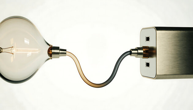 Surreal innovation still life featuring light bulb connected to metal device by curved cable