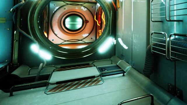 A futuristic room shows a round window with lights around it. The walls are metallic, and there is a bench in front. Pipes run along the wall. The setting suggests a sci fi environment.