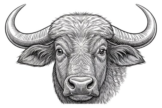 Water buffalo head illustration with large curved horns