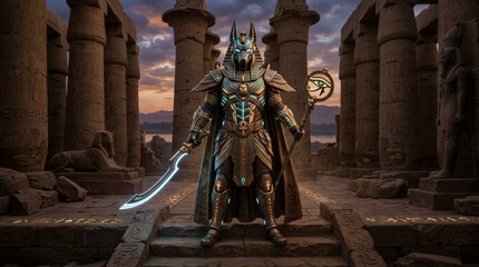 Naklejka premium Armored anubis warrior standing in ancient temple ruins