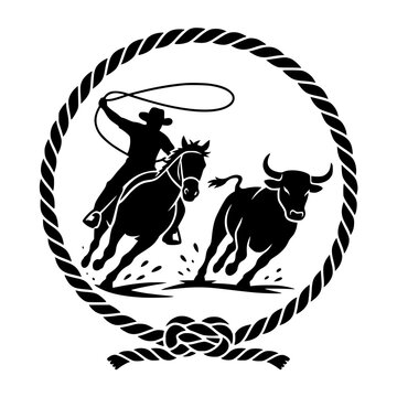 Vintage western silhouette emblem featuring a cowboy riding a horse and chasing a bull within a circular rope frame design