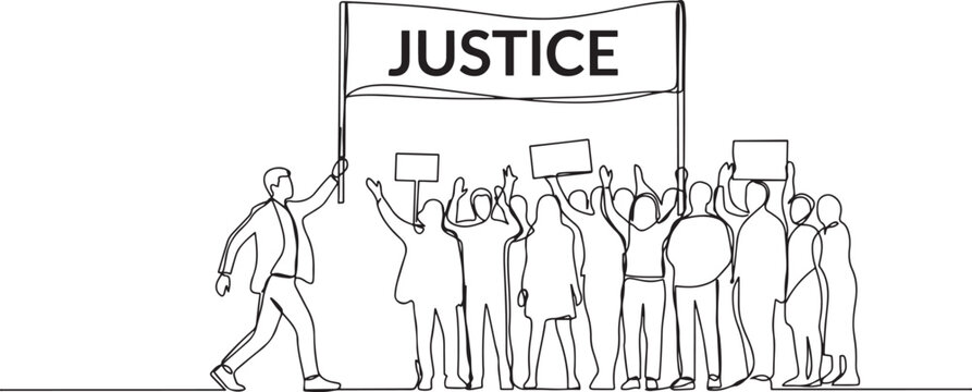 man walking with a banner in front of the crowd - one line drawing. political activist walks with a large poster behind him a silhouette of a crowd of people. One line Art icon drawing vector