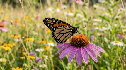 Obraz premium Monarch butterfly feeding on coneflower in wildflower meadow