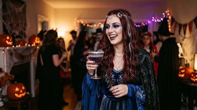 Woman smiling holding drink at crowded halloween party