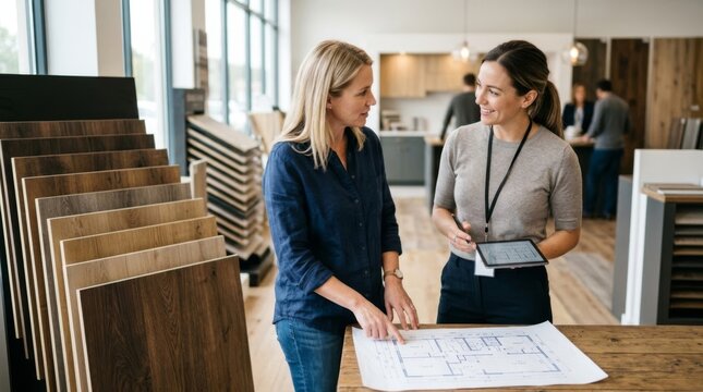 Client discusses flooring samples with consultant using floor plans in bright showroom