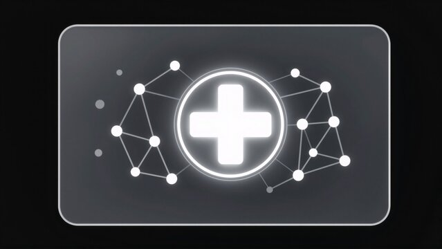 square shaped icon black background center icon white plus sign shape circle surrounding plus sign interconnected lines dots representing network network connections overall design modern minimalistic