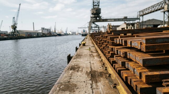Stacked rusty steel billets on a weathered dock with industrial cranes and waterway in background, industrial storage and logistics concept