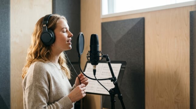 Young woman singing into microphone in recording studio, profile view, with copy space and neutral tones