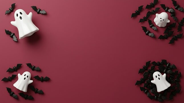 Halloween flatlay with white ghost figurines and black bats arranged in corners on a deep red background
