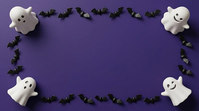 Halloween frame with white ghost figurines and black bat decorations on a dark purple background