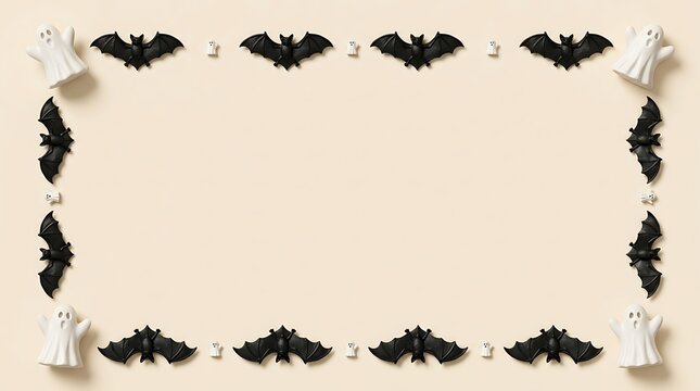 Halloween frame with black bat decorations and tiny white ghost figures on a light beige background