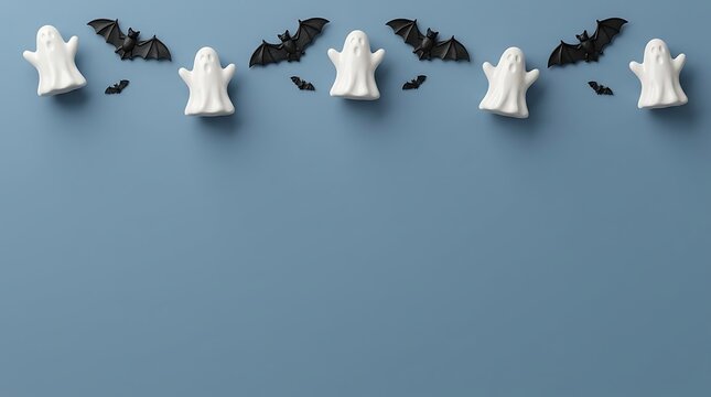 Halloween border with white ghost figurines and black bats on a solid blue background