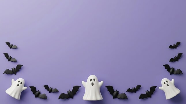 Halloween background with white ghost figurines and black bat decorations arranged on a purple surface with copy space in the center for text or design