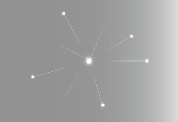 Fototapeta premium Abstract glowing white network constellation node on black background, optical ray overlay, monochrome starry starburst backdrop, high-tech presentation slide template PNG