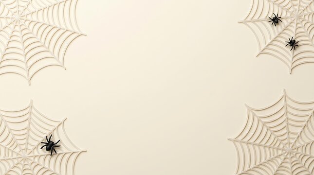 Halloween background with spider webs and black spiders on beige surface