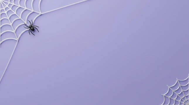 Halloween background with spider webs and black spiders on purple surface