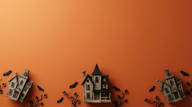 Halloween background with miniature haunted houses and bats on an orange surface