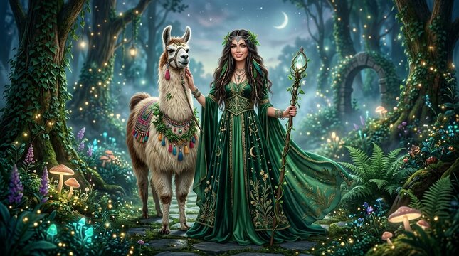 Woman mage leading llama in enchanted forest at night