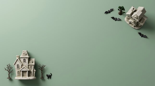 Halloween background with miniature haunted house, black cat, bats, and trees on a sage green surface