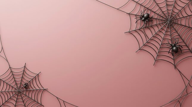 Halloween background with black spider webs and spiders on a soft pink surface