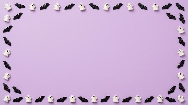 Halloween frame with ghost and bat decorations on a purple background