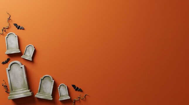 Halloween background with gravestones and bats on an orange surface