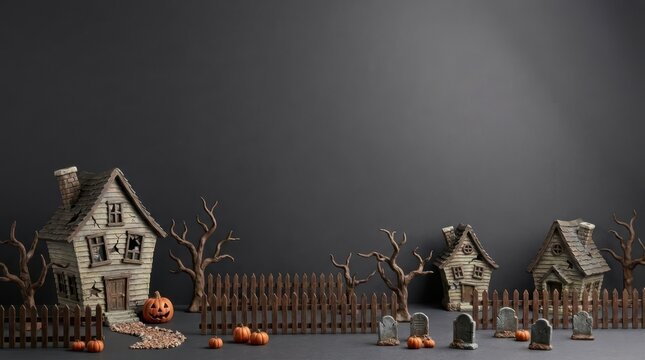 Miniature halloween village scene with spooky houses, bare trees, tombstones, and pumpkins on a dark grey background