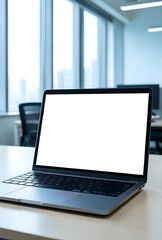 Fototapeta premium Modern laptop with blank white screen on office desk, remote work and digital transformation concept, copy space for text