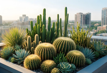 Fototapeta premium Urban greening and sustainable architecture, rooftop garden with diverse cacti and succulents in a city landscape