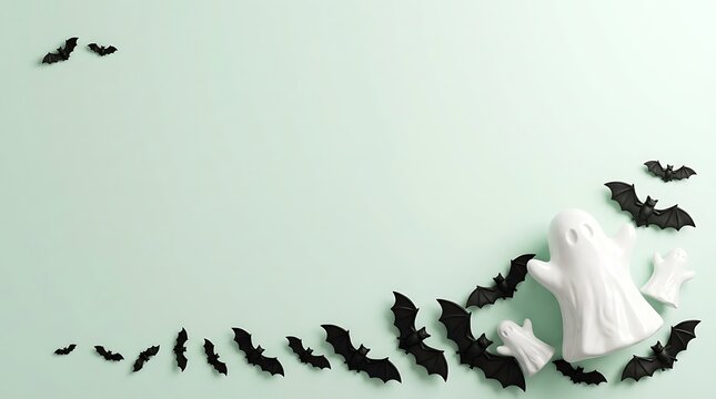 Halloween background with white ghost figurines and black bat decorations on a light green surface
