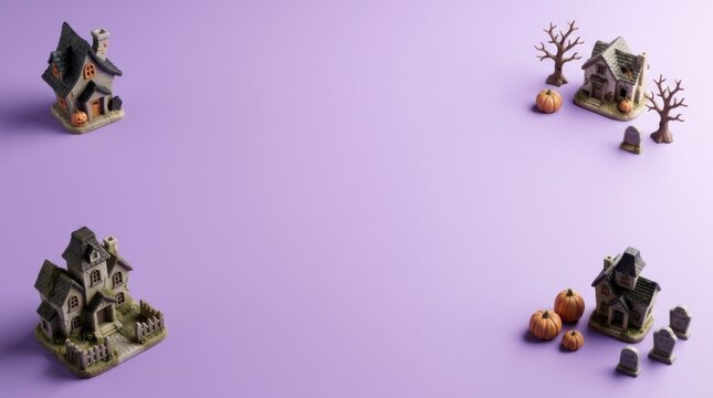 Miniature halloween haunted houses, pumpkins, and tombstones arranged as a border on a solid purple background