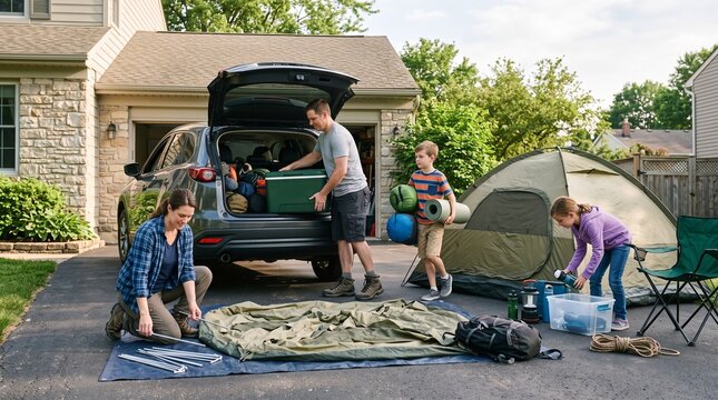 Family preparing for camping trip loading car with gear and setting up tent in driveway