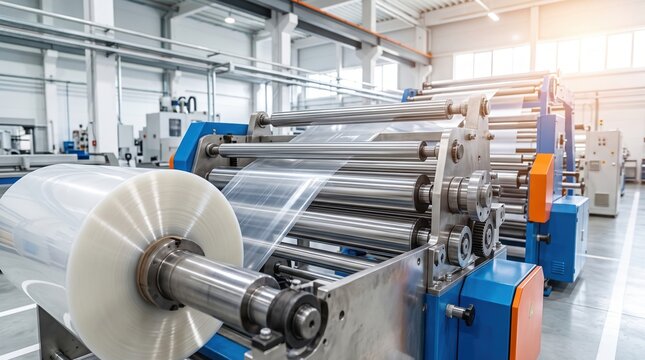 Workers operate machines that shape and cut plastic film in a factory setting. The facility has large windows allowing sunlight to enter