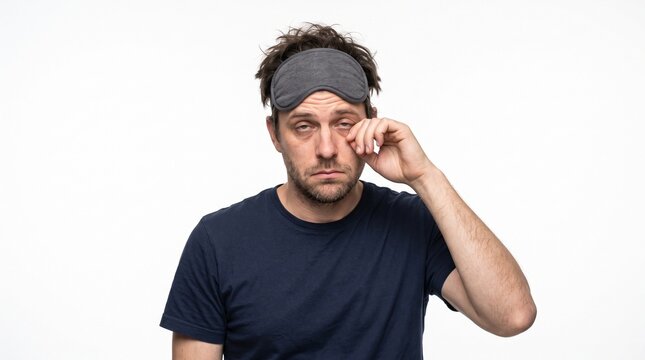 Tired man with messy hair and sleep mask rubs his eye feeling exhausted after a sleepless night