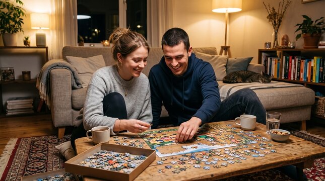Couple happily assembling a jigsaw puzzle together on the floor in a cozy living room at night