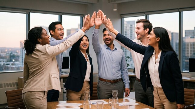 Diverse group of business professionals celebrating success with high fives in a modern office setting