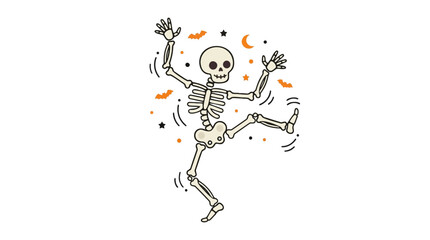 Obraz premium Dancing Skeleton Illustration with Bats and Moon for Halloween Vector Illustration
