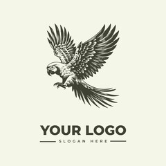 Fototapeta premium Vintage style hand drawn parrot logo design template for business branding.