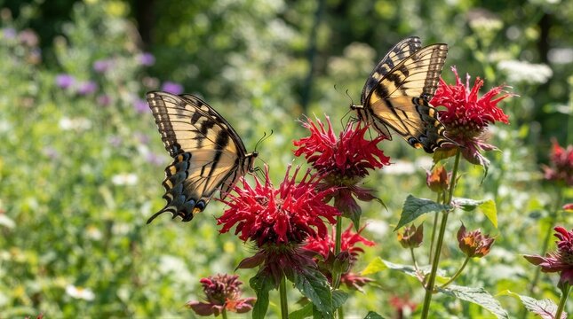 Yellow swallowtail butterflies feeding on red flowers in garden