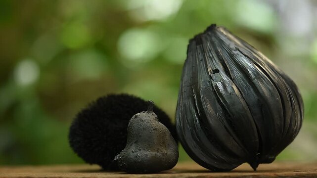 Biochar from burning fruits on natural background.