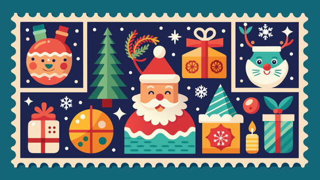 Vintage Christmas Postage Stamp Collection, Retro Holiday Greeting Cards and Festive Winter Vector Set