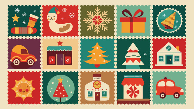 Vintage Christmas Postage Stamp Collection, Retro Holiday Greeting Cards and Festive Winter Vector Set