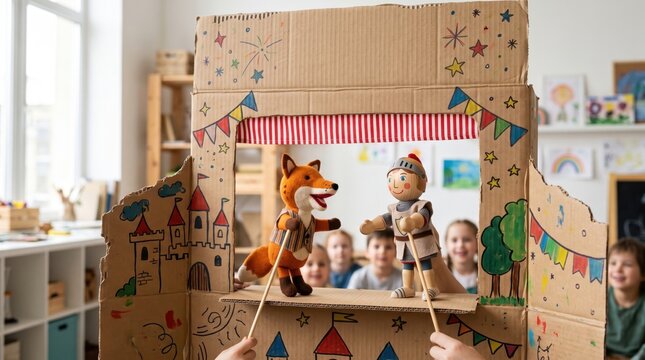 Colorful puppet show with cardboard theater featuring animated fox and knight puppets. Engaging puppet show brings joy to children watching in the background.