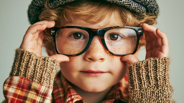 Young boy wearing oversized glasses and knitted hat