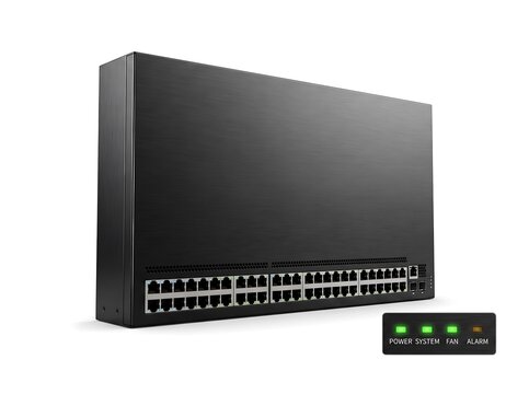 Enterprise 48 Port Gigabit Network Switch 1U Rackmount Unit Isolated on White Background