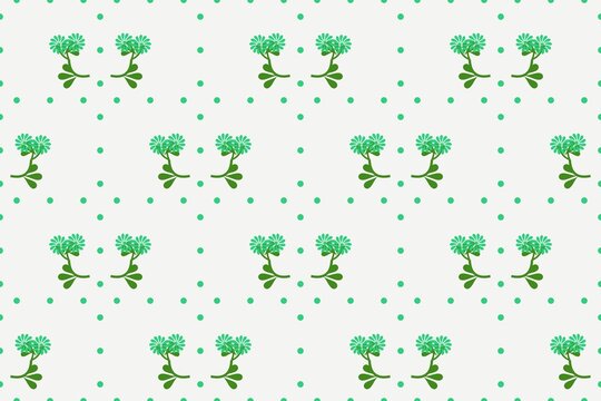 Seamless botanical pattern with spoon shaped clover leaves and star flowers in green