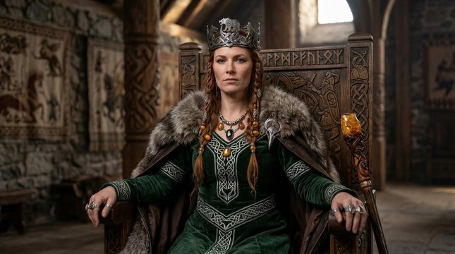 Regal queen seated on ornate throne in medieval great hall interior