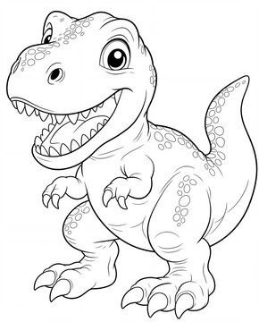 A coloring page for children of a cute and fun 3D prehistoric T-Rex featuring a smiling cartoon dinosaur with large eyes and claws