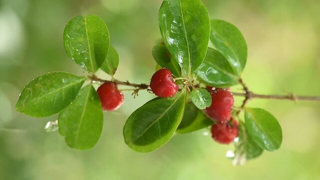 Branch cherry fruits and rain on natural background.